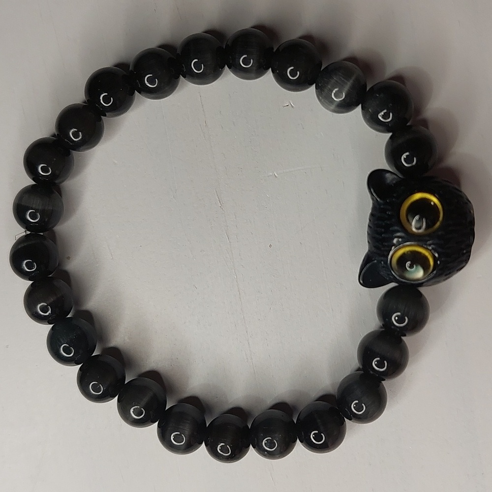 Black Cats Eye stone 8mm round with plastic black cat bead bracelet #3